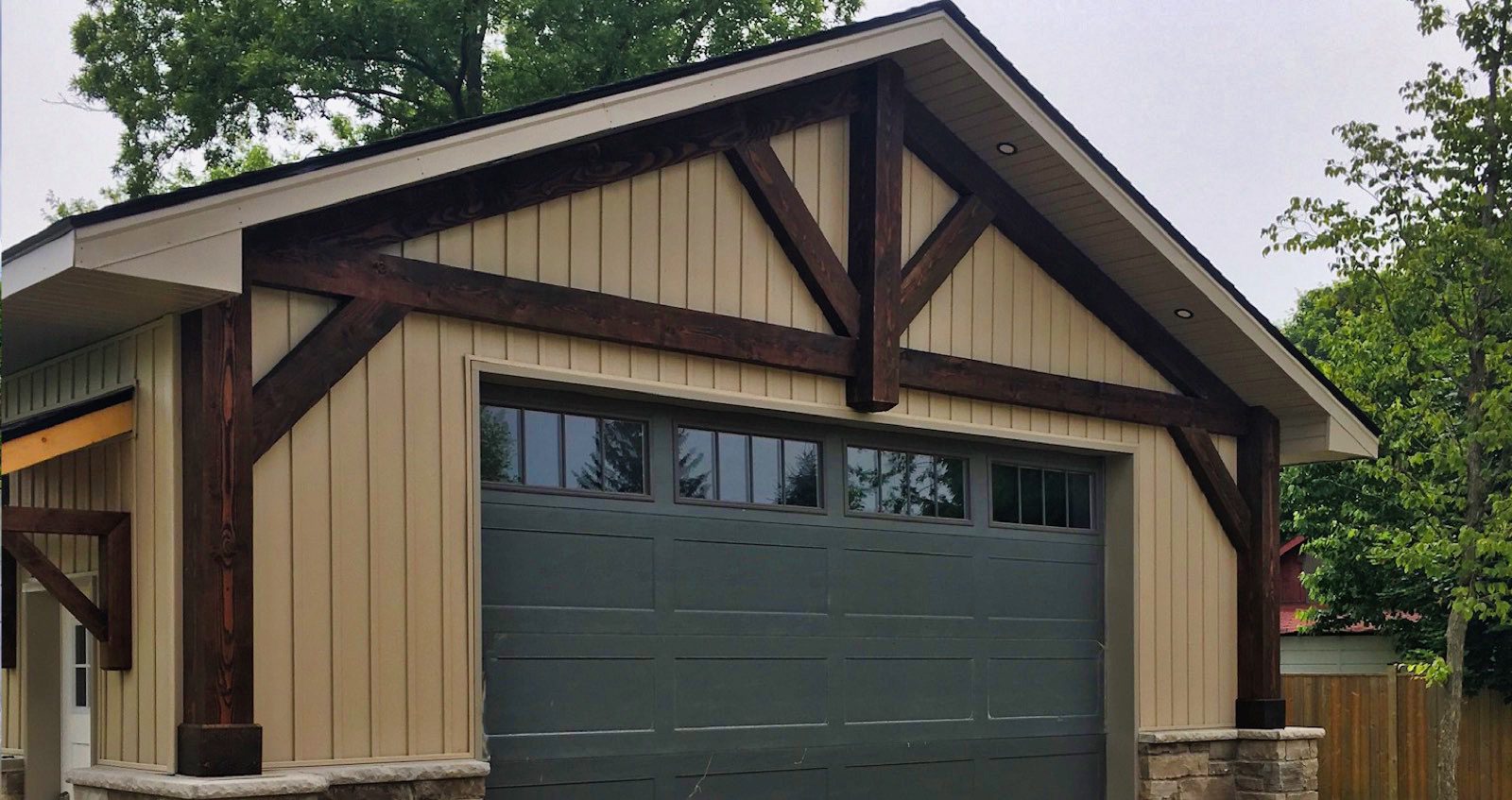 Timber frame decoration attached to garage